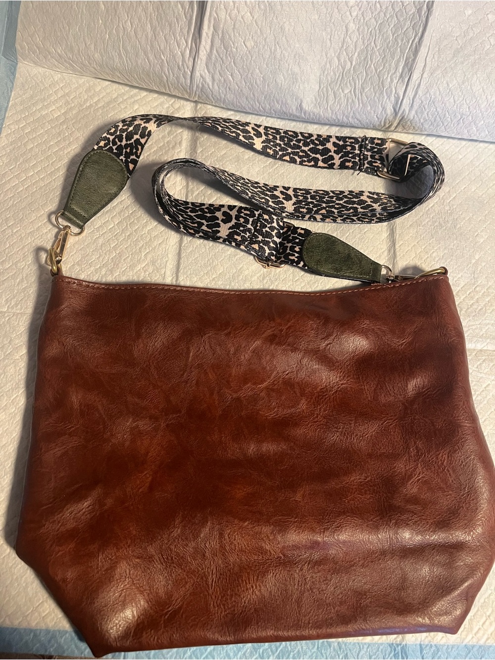 Brown Leather Crossbody Bag with Leopard Print Strap